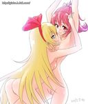  aida_mana arms_up ass bad_id bad_pixiv_id blonde_hair blue_eyes censored couple dated dokidoki!_precure eye_contact ginko_(silver_fox) hairband half_updo hug leaning_on_person long_hair looking_at_another mosaic_censoring multiple_girls nude pink_eyes pink_hair precure pussy red_ribbon regina_(dokidoki!_precure) ribbon short_hair simple_background smile watermark web_address white_background yuri 
