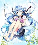  artist_name barefoot blue_eyes blue_hair bottle_miku character_name feet flower hair_ribbon hatsune_miku hydrangea liquid_hair long_hair mca_(dessert_candy) ribbon school_uniform serafuku sitting skirt solo toes twintails very_long_hair vocaloid water 