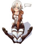  1girl arai_nobu blue_eyes blush boots emblem garrison_regiment_(emblem) glasses jacket knee_boots looking_at_viewer paradis_military_uniform rico_brzenska shingeki_no_kyojin short_hair silver_hair solo thigh_strap 