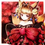  animal_ears antenna_hair bare_shoulders bell blonde_hair fox_ears fox_tail hair_bell hair_ornament japanese_clothes jewelry long_hair multiple_tails no_nose open_mouth original purple_eyes r-e_(arui) ribbon solo tail undressing 