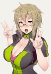  blush breasts brown_eyes brown_hair c.c._(unlight) cleavage double_v glasses kurowa large_breasts looking_at_viewer nail_polish open_mouth short_hair solo tongue tongue_out unlight v white_background 