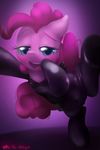  blue_eyes blush clothing english_text equine female feral friendship_is_magic fur hair horse looking_at_viewer mammal my_little_pony pink_fur pink_hair pinkie_pie_(mlp) pony skinsuit spread_legs spreading surgicalarts teats text 