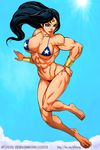  1girl barefoot bikini black_hair blue_eyes breasts dc_comics deviantart_thumbnail felsus large_breasts long_hair muscle sky solo string_bikini sun swimsuit watermark web_address wonder_woman wonder_woman_(series) 