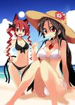  alternate_hairstyle animal_ears beach bikini black_bikini black_hair breasts cat_ears cat_tail cleavage day drill_hair extra_ears fang food front-tie_top hat highres kaenbyou_rin large_breasts long_hair looking_at_viewer maturiuta_sorato multiple_girls navel outdoors popsicle red_eyes red_hair reiuji_utsuho side-tie_bikini sitting smile sun_hat swimsuit tail touhou twin_drills twintails white_bikini wings 