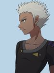  bad_id bad_pixiv_id bakugan bakugan_gundalian_invaders black_shirt blue_background dark_skin dark_skinned_male male_focus redxbluexlost ren_krawler shirt smile solo tight_shirt white_hair yellow_eyes 