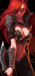  artist_name belt breasts cleavage dated haje highres katarina_du_couteau large_breasts league_of_legends long_hair looking_at_viewer midriff navel orange_eyes red_hair scar smile solo sword weapon 