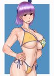  ayane_(doa) bikini breasts cameltoe covered_nipples dead_or_alive headband huge_breasts purple_hair red_eyes short_hair solo star star_print swimsuit underboob yellow_bikini zenkou 