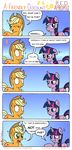  2013 applejack_(mlp) blonde_hair blush comic cowboy_hat cutie_mark dialog duo english_text equine female feral friendship_is_magic green_eyes hair hat horn horse mammal my_little_pony pony purple_eyes redapropos smile text unicorn 