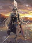  armor blonde_hair blue_eyes breasts cape cleavage collaboration glowing high_heels horns leg_up long_hair looking_at_viewer medium_breasts midriff mountain navel sandals seisen_cerberus shorts solo staff standing standing_on_one_leg sunset very_long_hair wading water xiaji yang_yang_(tigu) 