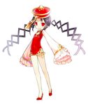  bare_legs black_hair china_dress chinese_clothes dress fang full_body hat jiangshi long_hair long_sleeves looking_at_viewer no_socks ofuda original pointy_ears red_eyes saru simple_background sleeves_past_wrists smile solo twintails very_long_hair white_background 