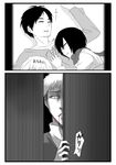  3boys armin_arlert bad_id bad_pixiv_id blood blood_in_mouth closed_eyes constricted_pupils eren_yeager jealous jean_kirchstein mikasa_ackerman monochrome multiple_boys scratches scratching shingeki_no_kyojin sleeping 