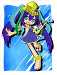  anklet armlet bad_id bad_pixiv_id barefoot blue_hair bracelet cell-do_(quzz) green_eyes jewelry lakshmi_(p&amp;d) leg_up long_hair lowres open_mouth parody pointing puyopuyo puyopuyo_fever puzzle_&amp;_dragons solo style_parody twintails 