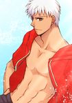  archer bad_id bad_pixiv_id brown_eyes fate/extra fate_(series) hood hoodie jacket male_focus mikicocha open_clothes open_jacket red_jacket solo white_hair 