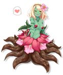  bad_id bad_pixiv_id blonde_hair breasts cleavage flower green_eyes green_skin hair_flower hair_ornament hairband heart large_breasts monster_girl navel original outstretched_hand petals plant_girl ringo_yuyu roots solo spoken_heart 