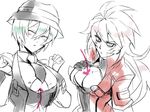  alpha-01 blazblue breasts cleavage closed_eyes directional_arrow genderswap genderswap_(mtf) green_eyes green_hair hat hazama kaneaki_mukku large_breasts long_hair multiple_girls necktie popped_collar ragna_the_bloodedge red_eyes short_hair underboob 