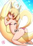  ahoge animal_ears ass barefoot bikini blonde_hair blush elin_(tera) flat_chest fox_ears fox_tail long_hair looking_at_viewer namisawa pink_bikini pink_eyes side-tie_bikini sketch solo swimsuit tail tera_online 