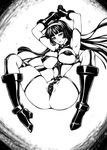  armpits arms_up bondage_outfit boots breasts covered_nipples dildo_under_panties gloves greyscale hairband large_breasts long_hair mazinger_z monochrome open_mouth rindou_(radical_dream) shin_mazinger_zero solo spread_legs yumi_sayaka 