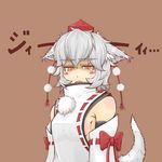  animal_ears blush_stickers breasts colorized cube85 detached_sleeves fang hat inubashiri_momiji md5_mismatch medium_breasts no_bra open_mouth orange_eyes sideboob silver_hair solo staring tail tokin_hat touhou upper_body wolf_ears wolf_tail 