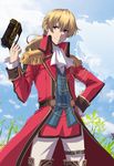  blonde_hair coat cravat eiyuu_densetsu epaulettes gun hand_on_hip highres kotori_hina long_hair male_focus olivier_lenheim pants ponytail purple_eyes sen_no_kiseki smile solo sora_no_kiseki uniform weapon 