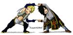  2boys black_hair blonde_hair blue_eyes cape dragon_ball dragonball fairy_tail fusion_dance gloves hair_over_one_eye multiple_boys parody red_eyes rogue_cheney scar sting_eucliffe 