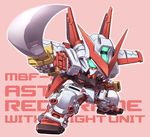  chibi fighting_stance gundam gundam_astray_red_frame gundam_seed gundam_seed_astray katana king_of_unlucky looking_at_viewer mecha no_humans pink_background reflection sheath simple_background solo sword weapon 