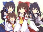  alternate_color animal_ears ascot bad_id bad_pixiv_id black_eyes black_hair blue_eyes blue_hair blush bow brown_hair cat_ears cat_tail child closed_eyes detached_sleeves fang hair_bow hakurei_reimu long_hair multiple_girls multiple_persona open_mouth player_2 smile tail touhou uguisu_mochi_(ykss35) white_sleeves 