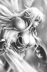  1girl astraea breasts cleavage large_breasts monochrome red_eyes serious shield sora_no_otoshimono sword weapon 