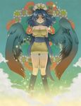  blue_hair choker cloud dark_witch_(yuu-gi-ou) dress duel_monster elbow_gloves flower gloves horns solo strapless strapless_dress tail taut_clothes toniomi tube_dress wings yuu-gi-ou 