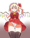  &gt;:) ascot black_legwear blonde_hair blush breasts fang flandre_scarlet from_below gradient gradient_background hat hat_ribbon looking_at_viewer looking_down medium_breasts midriff naughty_face navel panties pantyshot raised_eyebrow red_eyes ribbon shinori side-tie_panties side_ponytail sleeveless smile solo sweat thighhighs touhou underwear upskirt v-shaped_eyebrows white_panties wings 