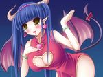  bangs blue_hair blush bracelet breasts china_dress chinese_clothes cleavage cleavage_cutout demon_girl demon_tail demon_wings dress earrings fang headband heart_cutout horns jewelry large_breasts long_hair morita_(moritania) original pointy_ears solo succubus tail wings 