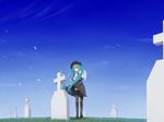  aqua_eyes aqua_hair black_gloves black_legwear bouquet elbow_gloves flower garter_straps gloves grass grave graveyard hat hatsune_miku long_hair solo tombstone twintails uttt vocaloid wind 