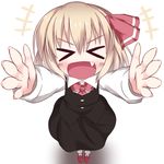  &gt;_&lt; :d blonde_hair carry_me closed_eyes dress fang hair_ribbon open_mouth outstretched_arms razy_(skuroko) ribbon rumia short_hair smile solo touhou v-shaped_eyebrows xd 