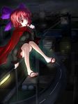  bare_legs bow building cape city cityscape dango eating food hair_bow highway lights long_sleeves night night_sky open_mouth realdragon red_eyes red_hair road sandals sekibanki shoe_dangle short_hair sitting skirt sky solo touhou wagashi 
