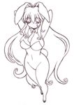  animal_ears antenna_hair arms_behind_head arms_up blush bottomless breasts bunny_ears bunny_tail bunnysuit cleavage closed_eyes detached_collar gomamiso_(gomamiso_sp) large_breasts long_hair monochrome necktie original simple_background smile solo standing tail very_long_hair white_background 