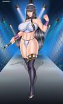  black_hair breasts brush full_body ink large_breasts long_hair looking_at_viewer solo standing thick_thighs thighs thong wrestler yellow_eyes 