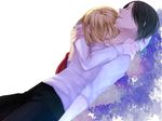  arm_grab black_hair blonde_hair christa_renz crying dutch_angle freckles highres holding hug lying multiple_girls on_back sad shingeki_no_kyojin tokiji white_background ymir_(shingeki_no_kyojin) 