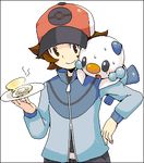  1boy baseball_cap brown_eyes brown_hair food hat hungry lowres oshawott plate pokemon pokemon_(game) pokemon_bw touya_(pokemon) 