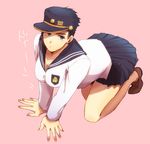  afjc black_hair breasts genderswap genderswap_(mtf) green_eyes hat jojo_no_kimyou_na_bouken kuujou_joutarou medium_breasts school_uniform short_hair solo translated 