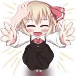  :d blonde_hair carry_me closed_eyes disembodied_limb dress fang hair_ribbon happy open_mouth outstretched_arms petting razy_(skuroko) ribbon rumia short_hair smile solo_focus touhou 