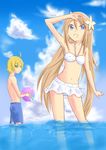  1boy 1girl ball beachball bikini blonde_hair blue_eyes brown_hair couple emil_castagnier flower green_eyes hair_flower hair_ornament highres long_hair marta_lualdi namco ocean swimsuit tales_of_(series) tales_of_symphonia tales_of_symphonia_knight_of_ratatosk very_long_hair water 