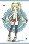  belt bra bra_removed character_name green_hair hatsune_miku high_heels holding holding_bra long_hair open_clothes open_mouth open_shirt shirt shoes skirt solo thighhighs tongue twintails underwear very_long_hair vocaloid yellow_eyes yunnyunn 