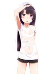  adjusting_hair arm_up black_hair blush gokou_ruri gym_shorts hand_on_own_head highres long_hair looking_at_viewer mole mole_under_eye navel ore_no_imouto_ga_konna_ni_kawaii_wake_ga_nai purple_eyes see-through shirt shorts simple_background solo suzumeko sweat t-shirt wet wet_clothes wet_shirt white_background 