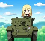  animated animated_gif artist_request blonde_hair blue_sky bouncing caterpillar_tracks chibi cloud cromwell_(tank) cup day earl_grey_(girls_und_panzer) emblem enter_enter_mission! girls_und_panzer grey_eyes ground_vehicle military military_uniform military_vehicle motor_vehicle mountain non-web_source parody sky solo st._gloriana's_(emblem) st._gloriana's_military_uniform tank teacup tree uniform 