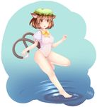  animal_ears breasts brown_eyes brown_hair cat_ears chen covered_navel earrings full_body furim hat highres jewelry leotard medium_breasts multiple_tails open_mouth puffy_short_sleeves puffy_sleeves see-through short_hair short_sleeves solo tail touhou two_tails water 