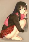  absurdres bare_legs barefoot black_eyes black_hair blazer blush feet highres jacket leg_hug legs long_hair long_legs original pink_scarf plaid plaid_skirt scan scarf school_uniform skirt smile solo squatting tanaka_takayuki toes 