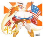 america american_flag avian big_breasts bird boots breasts cleavage clothed clothing cowboy_hat eagle female flag hat huge_breasts hyper hyper_breasts legwear lionalliance looking_at_viewer nipples non-mammal_breasts open_mouth salute solo thigh_highs tight_clothing 
