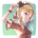  1girl akausuko blonde_hair blue_eyes dress fingernails green_background hat highres long_hair looking_at_viewer mini_hat mini_top_hat plaid plaid_dress puffy_short_sleeves puffy_sleeves red_dress seishun_buta_yarou seishun_buta_yarou_series short_sleeves side_ponytail solo top_hat toyohama_nodoka upper_body 