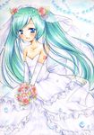  blue_eyes bouquet dress elbow_gloves flower gloves green_hair hair_flower hair_ornament hatsune_miku long_hair marker_(medium) my_(mylilla811) open_mouth pastel_(medium) solo strapless strapless_dress tattoo traditional_media twintails veil very_long_hair vocaloid watercolor_pencil_(medium) wedding_dress 