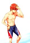  brown_hair hand_on_own_head jammers jpeg_artifacts little_busters! male_focus natsume_kyousuke nipples red_eyes shirtless solo wet zen 