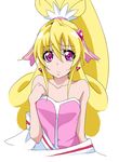  aida_mana bare_shoulders blonde_hair cure_heart dokidoki!_precure hair_ornament half_updo heart heart_hair_ornament nanashishi off_shoulder pink_eyes ponytail precure simple_background solo white_background 
